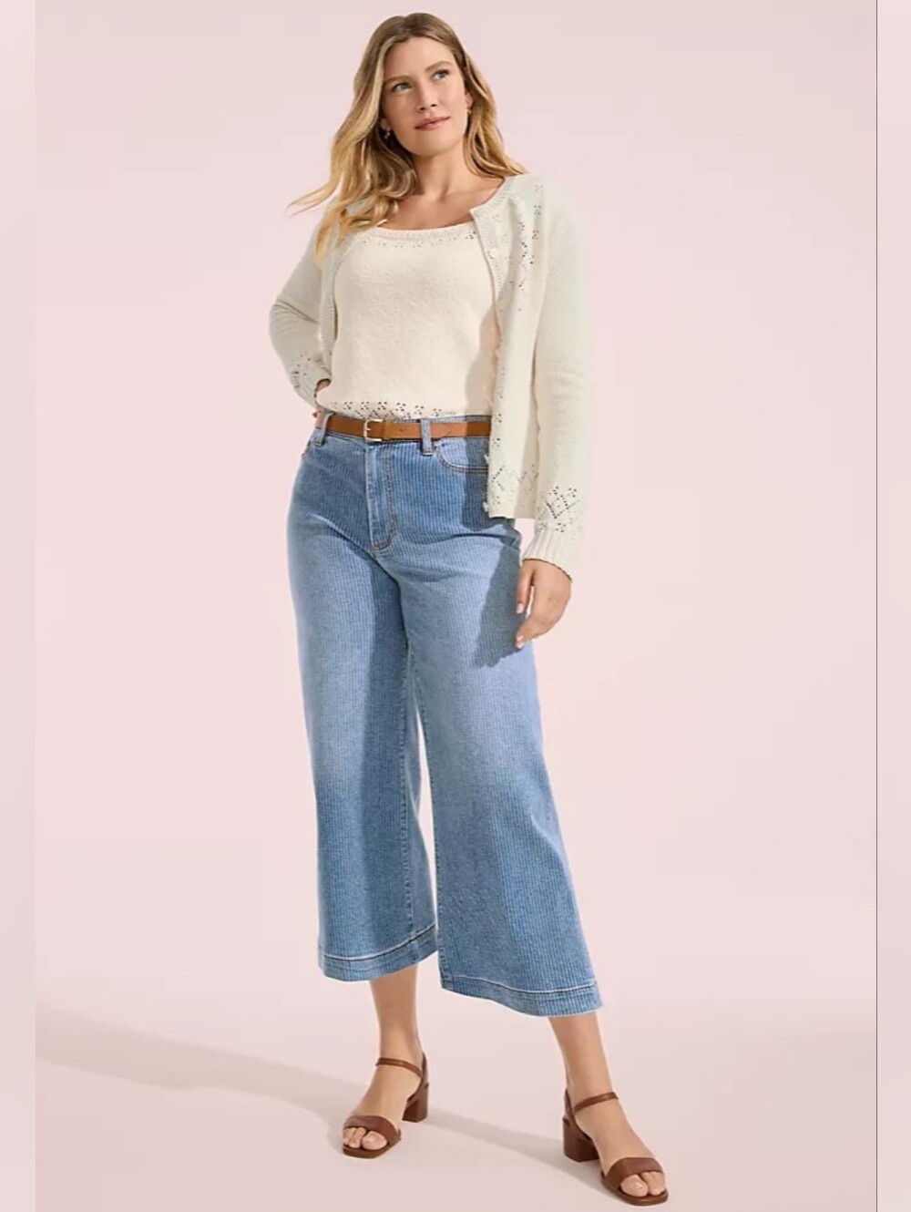 Land's End Women's Recover Denim High Rise Striped Wide Leg Crop Jeans - Picture 2 of 7